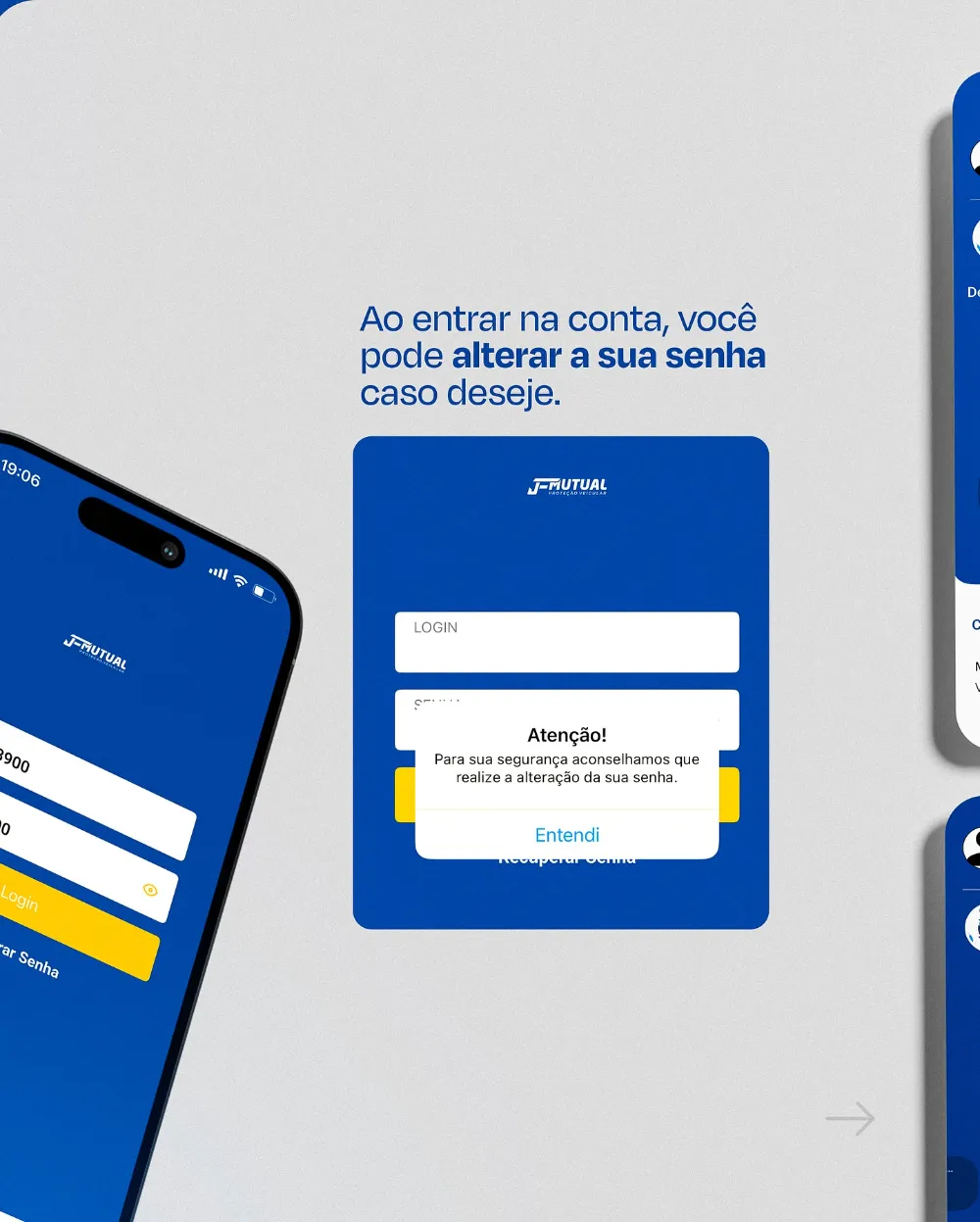 Telas de login do aplicativo: login e senha compostos pelo CPF do associado