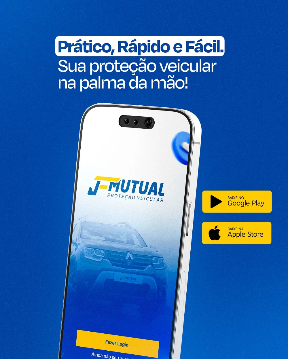 Capa do aplicativo do associado JF Mutual, com botões para Google Play e Apple Store